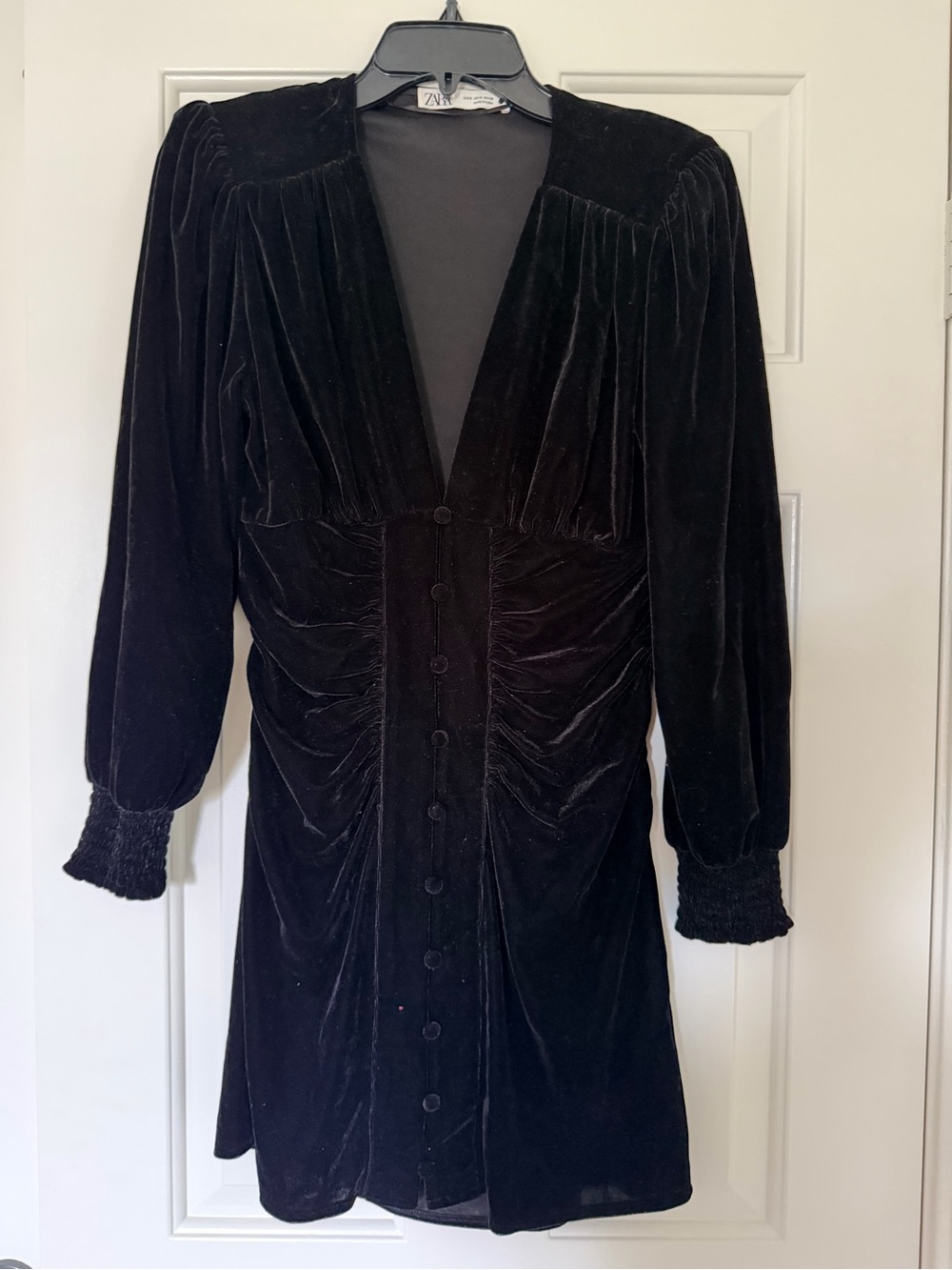 Zara Black Velvet Ruched Button-Front Long Sleeve Dress